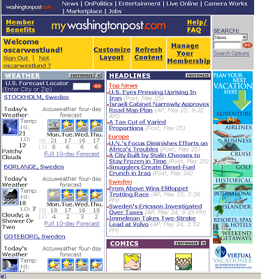 Washingtonpost.com. Jag registrerade mig och gjorde val beträffande bevakning av väder och utrikesnyheter, t.o.m. serier man vill läsa kan väljas ut.