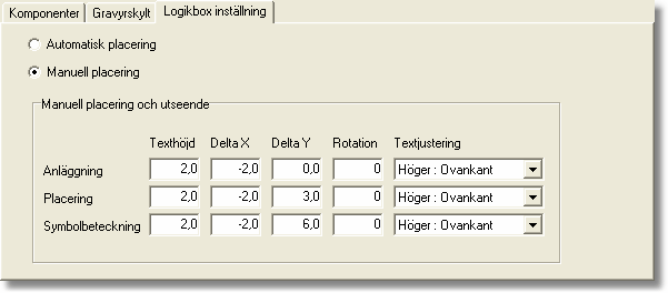 Skapa kretsschema 95 Ovan bild visar placering med manuell placering ikryssad. Texthöjd Ange här storleken på texten för respektive text.