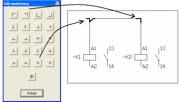 Skapa kretsschema Ovan exempel visar hur man kopplar ihopa två symboler med icke parallella anslutningar.