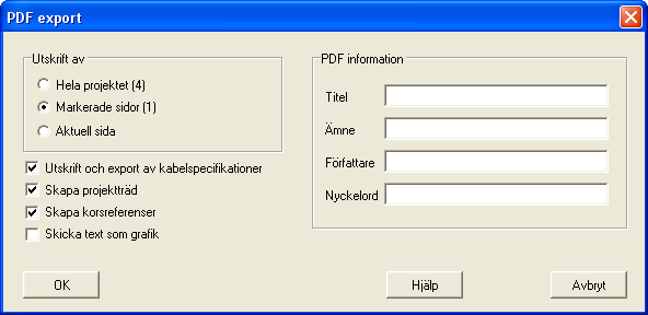 146 8.2 PDF export Elwin har en inbyggd generator för att skapa filer av det populära och plattformsoberoende filformatet Acrobat PDF.