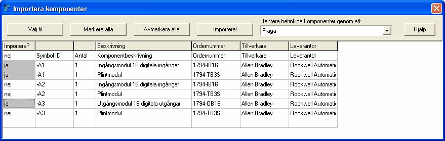 Skapa och underhålla biblioteksdatabasen 10.8 163 Importera komponenter Denna dialogboxen importerar komponenter till databasens komponenter.