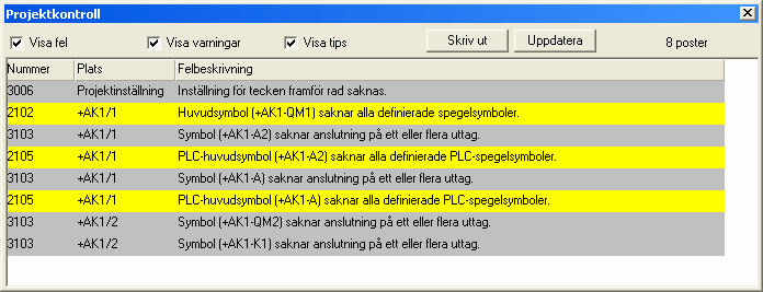 20 3 Projekthantering 3.1 Projektkontroll Man kan låta Elwin kontrollera om det finns några felaktigheter i projektet.