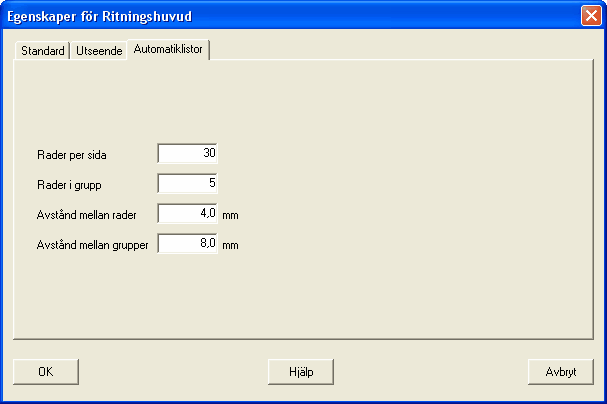 278 10.25.4 Egenskaper för automatiklistor Egenskaper för automatiklistors ritningshuvud har ytterliggare en flik jämfört med andra ritningshuvud (kretsschema osv.).