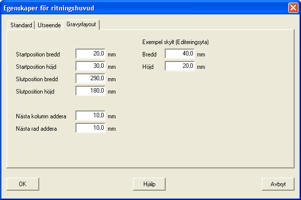 Skapa och underhålla biblioteksdatabasen 281 10.25.6 Egenskaper för gravyrlayout Egenskaper för gravyrlayouters ritningshuvud har ytterliggare en flik jämfört med andra ritningshuvud (kretsschema osv.