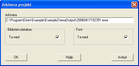 Projekthantering 3.2 21 Arkivera Funktionen Arkivera samlar ihopa alla projektfiler till en arkivfil. Man kan dessutom välja om man vill att använd biblioteksdatabas och font ska ingå i filen.