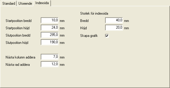 282 Anger höjdavståndet mellan två gravyrlayouter. För att få en någorlunda uppfattning hur ritningshuvudet kommer se ut så kan man ange en gravyrlayouts bredd och höjd.