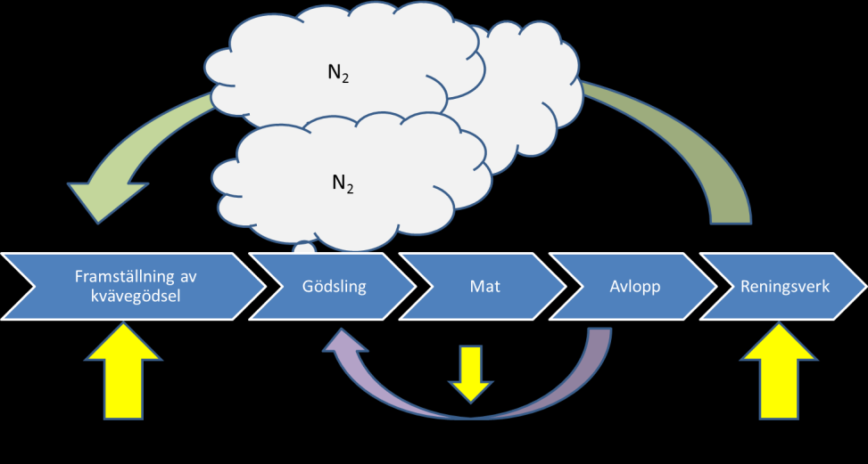Figur 3. Även framställningen av kvävegödsel kan ses som en återvinning av näringsämnen. Kvävet släpps ut i luften vid reningsverket och fångas sedan in för tillverkning av mineralgödsel.