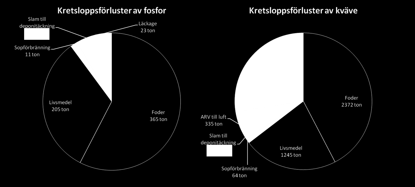 Figur 23. Kretsloppsförluster (röda) och läckage (blå) av fosfor och kväve. Även läckage till vatten är dock en förlust av växtnäringsämnen från kretsloppet.