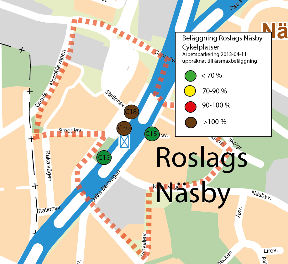 Nedan visas beläggningen vid inventering av arbetsparkering i Roslags Näsby