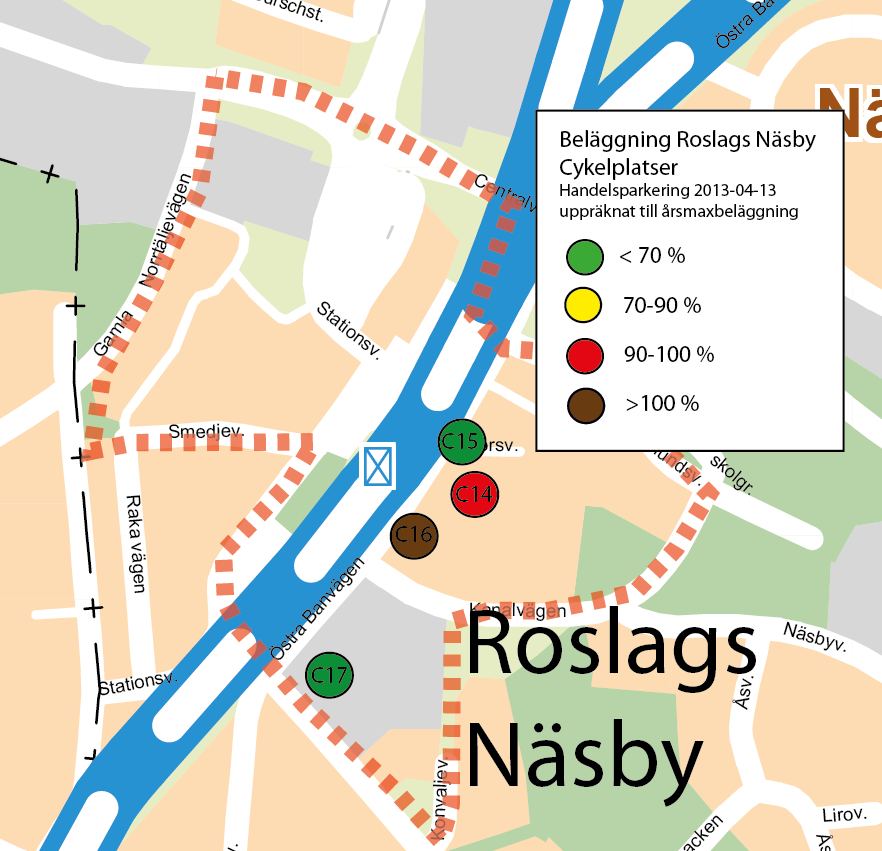 Nedan visas beläggningen vid inventering av handelsparkering i Roslags Näsby