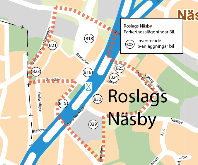 Roslags Näsby BIL Vid Roslags Näsby har totalt 1003 bilparkeringsplatser inventerats där 298 av platserna är reserverade och 705 platser är allmänt tillgängliga.