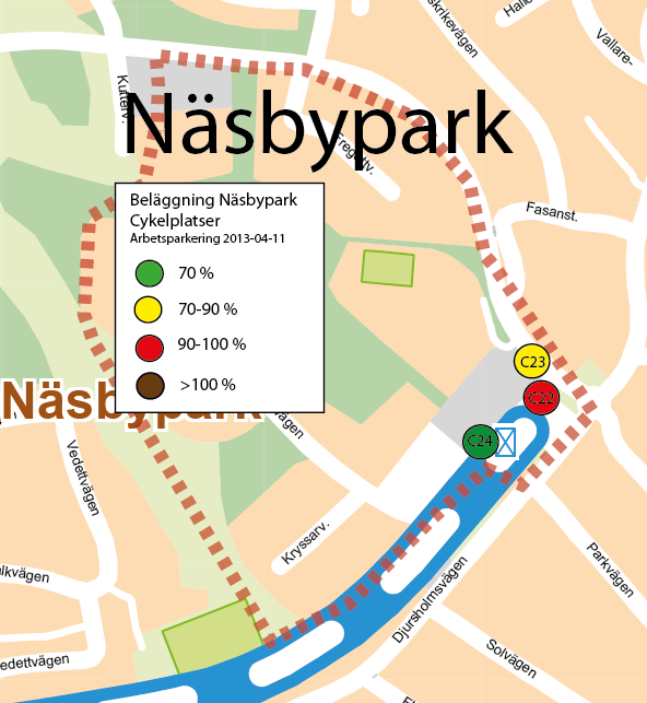 ARBETSPARKERING CYKEL Näsbypark Beläggning Beläggningen på cykelparkeringarna i Näsby park varierar mellan 33 procent och 95 procent på de olika platserna under