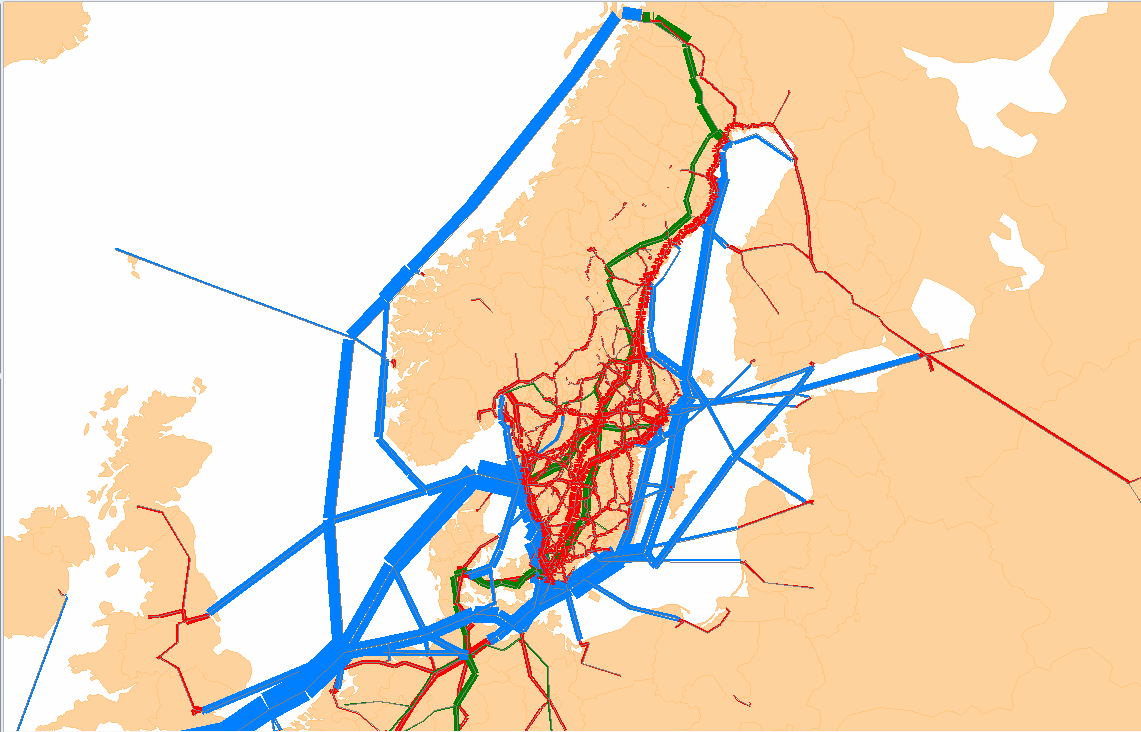 Figur 2.18 De viktigaste godstransportstråken i Sverige 2012 (godsmängd på länkar och noder) beräkning med hjälp av Samgodsmodellen.