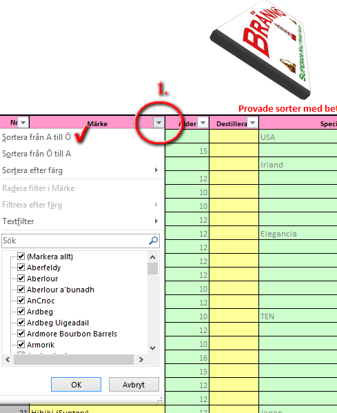 Nu har det skapats små boxar med en liten nedåt-pil på. Klicka på pilen och du får en meny med möjligheter att bara välja vissa data. Du kan också be Excel sortera datat i viss ordning!