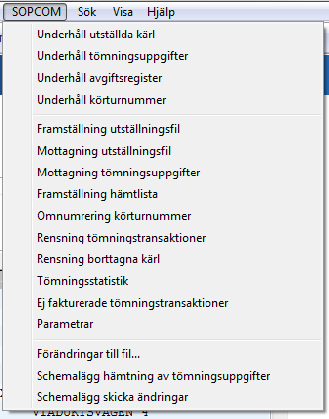 Renhållning 133 7 Sopcom integrering Om soporna vägs kan denna tilläggsmodul till renhållningsrutinen användas för integrering mellan ett fristående PC-system och renhållningsrutinen. 7.1 Översikt Vid utställning av kärlen registreras grunduppgifter om abonnenten och utställda kärl i Sopcomsystemet.