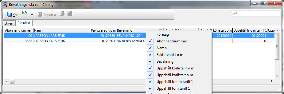 170 Renhållning I fältet Sök kan man göra ytterligare selektering utifrån det reslutat man fått. Genom att t ex ange ett datum så tar den bara med de abonntern som innehåller det datumet.