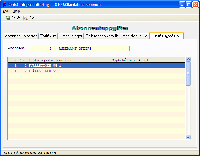 62 Renhållning Ovanstående konteringsbild visas under fliken interndebitering. 4.1.8 Flik Hämtningställen 4.1.8.1 Översikt Om hämtningsställen lagts upp under menyn för Körordning, kan dessa visas här.