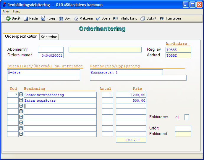 82 Renhållning Orderhanteringen kan nås antingen från menyn debitering, eller från abonnentbilden genom knappen Orderhantering/F21 Orderhanteringen görs på två flikar, orderspecifikation och
