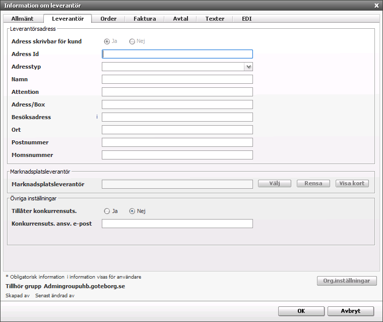 Under andra fliken Leverantör fyller du i leverantörens namn och adress. Attention kontaktperson hos leverantören, kommer med på ordern.
