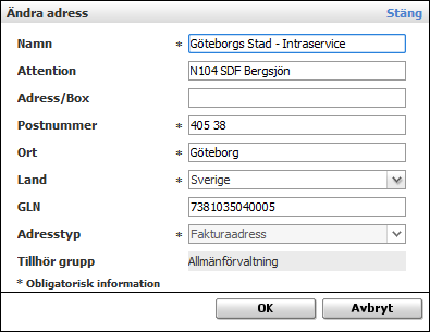 5.2 Adresser Under fliken Adresser läggs alla leveransadresser och fakturaadresser upp. Du kan sortera på grupp för att se vilka adresser som finns tillgängliga.