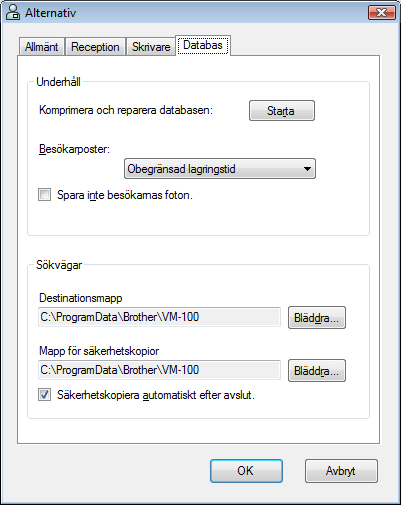 Administratörsläge 4 Inställningar för databas och säkerhetskopia (fliken Databas ) Du kan ange inställningar för platsen och hur länge den databasinformationen lagras, såväl som