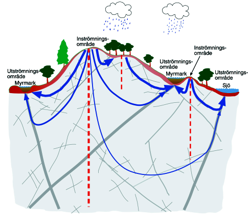 5.5.1 Grundvattenbildning och grundvattenströmning Den nederbörd som faller över ett landområde fördelas mellan avdunstning, avrinning i form av yt- och grundvatten samt magasinsförändringar.