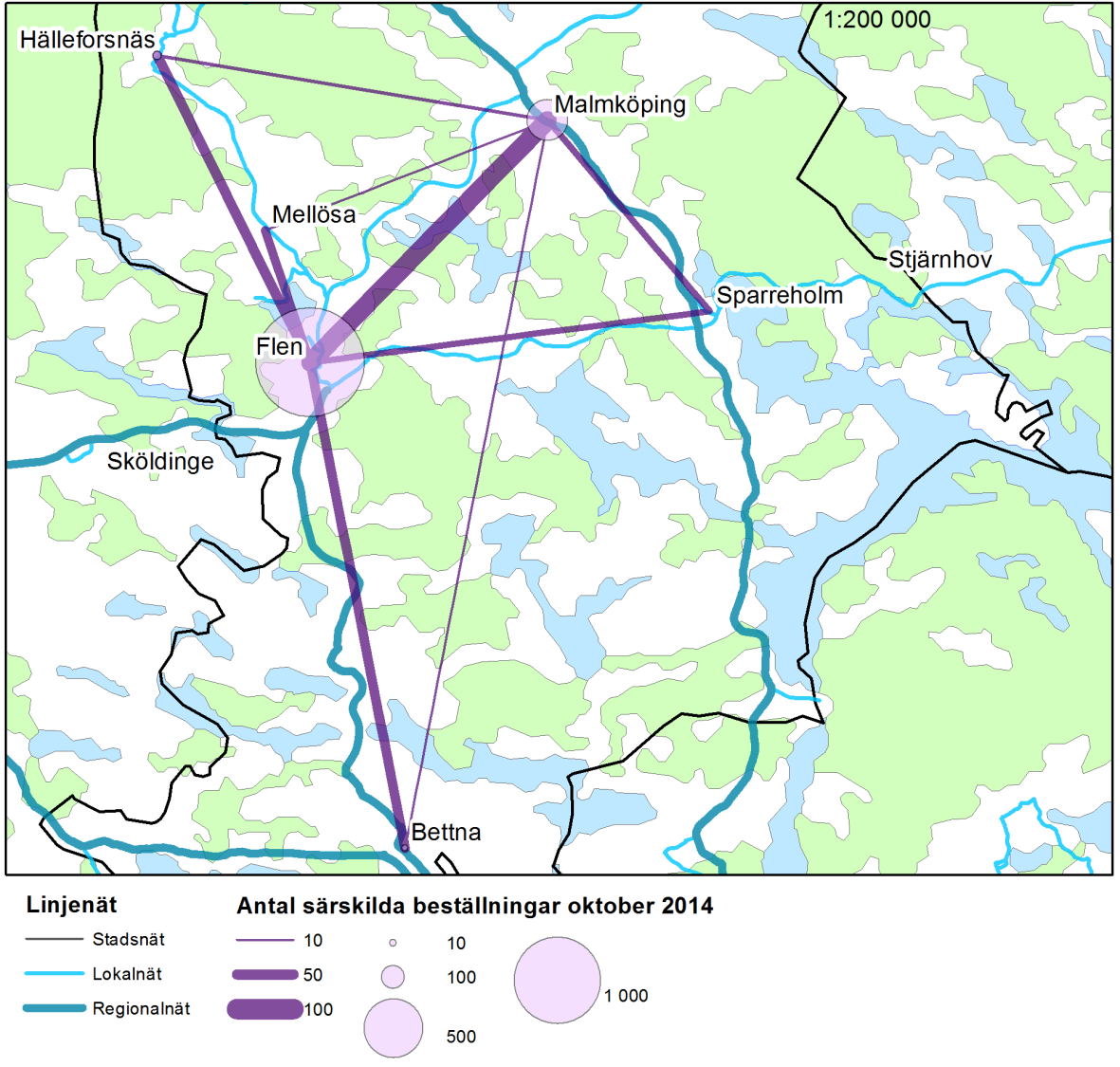 Flens kommun Inom Flens kommun sker resor mellan samtliga tätorter i kommunen, se Figur 24. De största flödena noteras dock in till centralorten Flen med upp till 90 beställa resor.