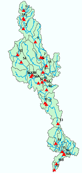 Figur 3-16 Mätpunkter för vattenkvalitet längs Lyckebyån. 3.5.2 Flöde Flödesdata för kalibrering av den hydrologiska modellen har utgjorts av beräknade flöden från SMHI.