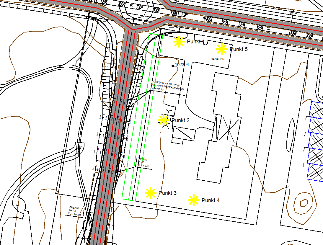 Figur 3: Beräkningspunkter 1-5 samt utsträckning av bullervall 2m hög över väg längs Torngatan.