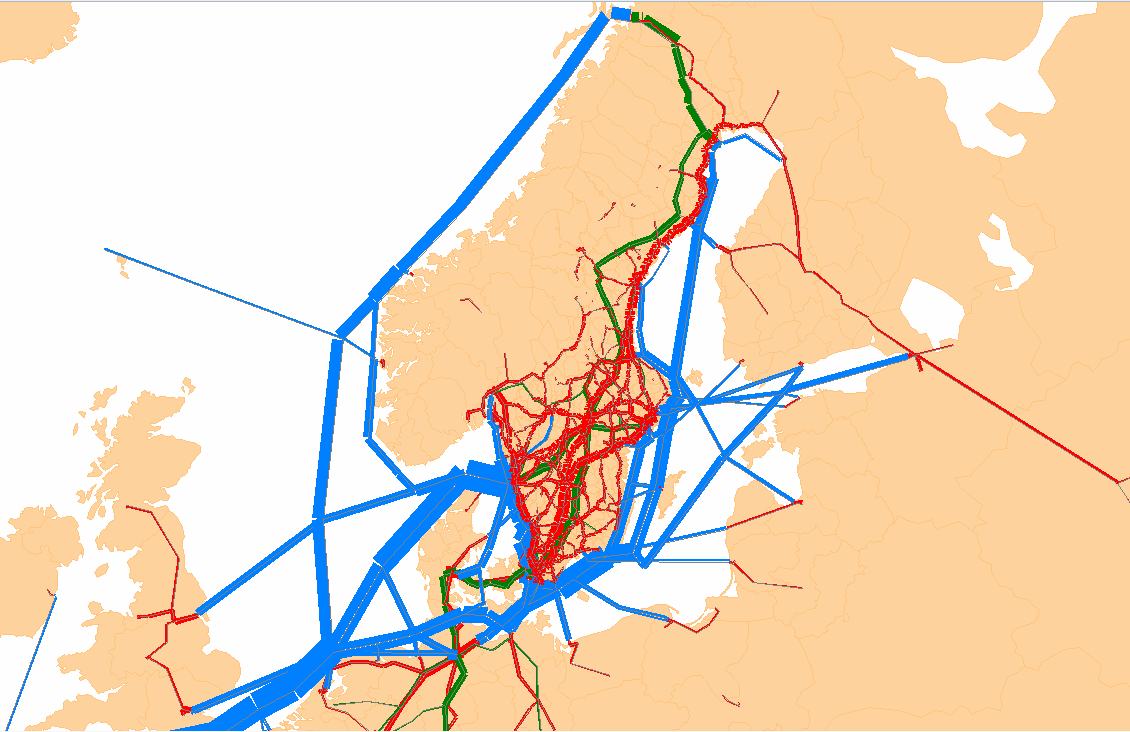 Figur 2 Karta över flödena i ton 2012. Rött=väg, Grönt=järnväg, Blått=sjöfart 4. Rapporten är en uppdatering av en studie som VTI genomförde på uppdrag av Sjöfartsverket (Mellin et al., 2013a).