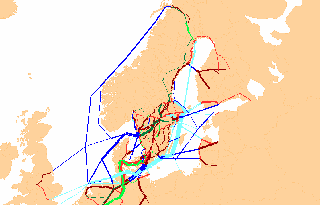 Figur 3 Skillnader i tonflöden mellan det nya och det ursprungliga basscenariot. (Mörka nyanser anger ökning, ljusa minskning. Rött = väg, grönt = järnväg, blått = sjöfart.) 2.