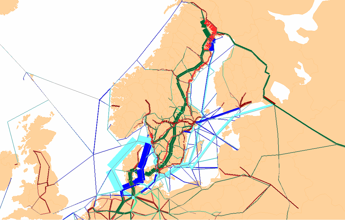 Figur 17 Skillnadskarta över transportflödena (i ton) mellan bas- och utredningsscenario Medel 2, dvs.