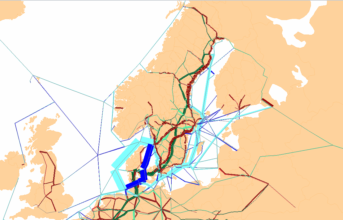 Figur 18 Skillnadskarta över transportflödena (i ton) mellan bas- och utredningsscenario Låg2, med sjöfartskostnader Låg, ökning av lastbilskostnaden med 40 öre och oförändrade banavgifter.