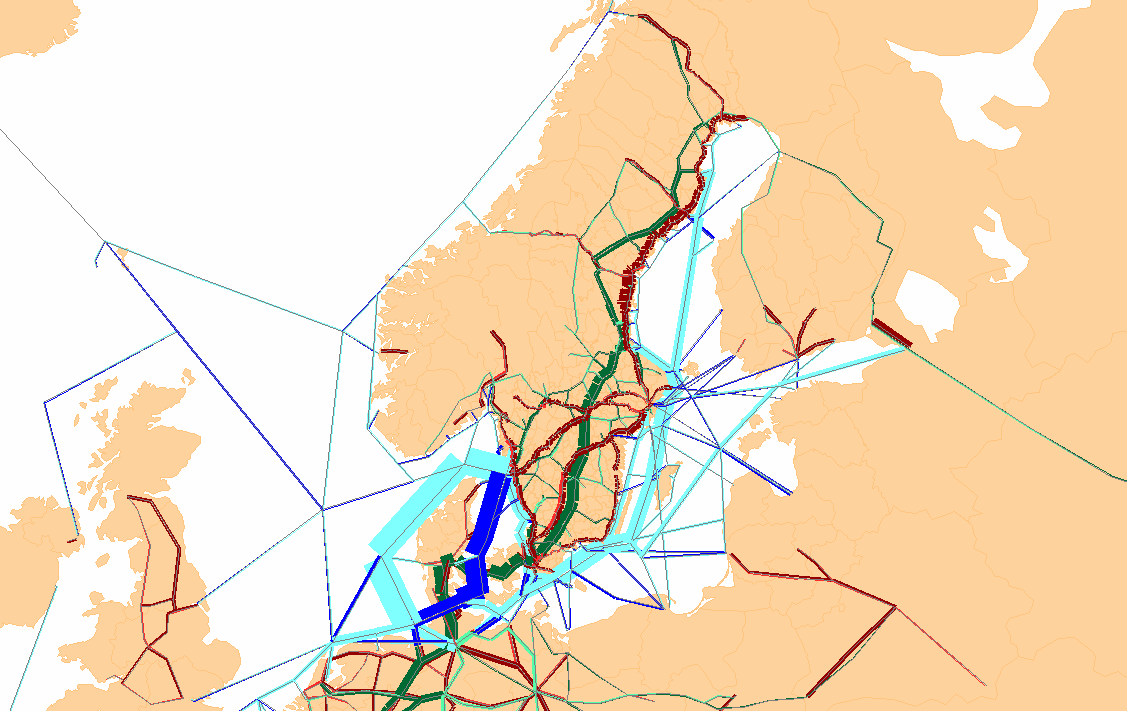 Figur 20 Skillnadskarta över transportflöden (i ton) mellan bas och utredningsscenario Medel 1B, med medelsjöfartskostnadsökningar, ingen ökning av bränslekostnaderna för vägtransporter och