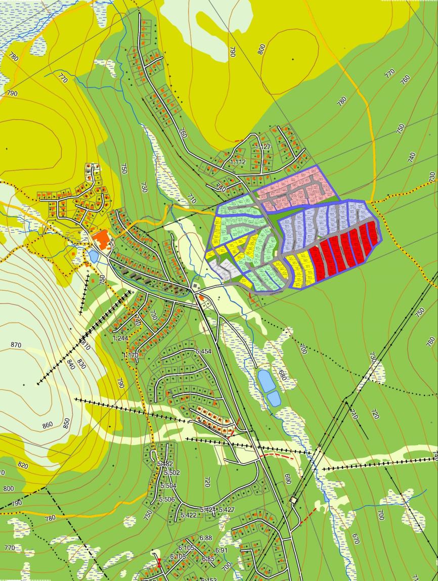 Översikt Dalvallen Fjällby i Storhogna Generösa byggrätter Stora tomter upp till 2000 kvm Bygg två hus på varje tomt,