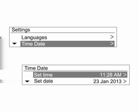 110 Infotainmentsystem Innehållsförteckning för inställningar [Språk] [Tid Datum] Om den aktuella listan består av flera poster, upprepa åtgärden.