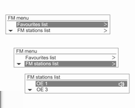 Infotainmentsystem 117 Den första sändningsinformationen för den valda FAV (favorit) förinställningssidan visas.