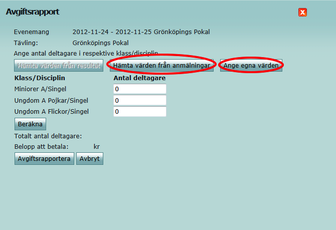 3. Vid avgiftsrapporteringen kan värden antingen hämtas från resultat (om resultat är nedladdat i XML-format från ClubComp till IndTA) eller från anmälningar eller så kan arrangören lägga in egna