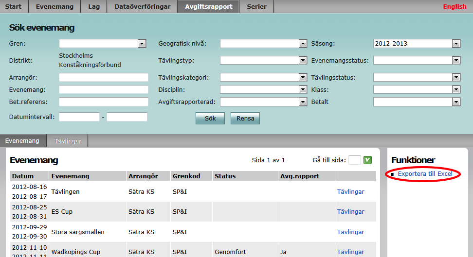 4. Exportera avgiftsrapporteringen till Excel. 5. I excelflen framgår tävlingarnas status.