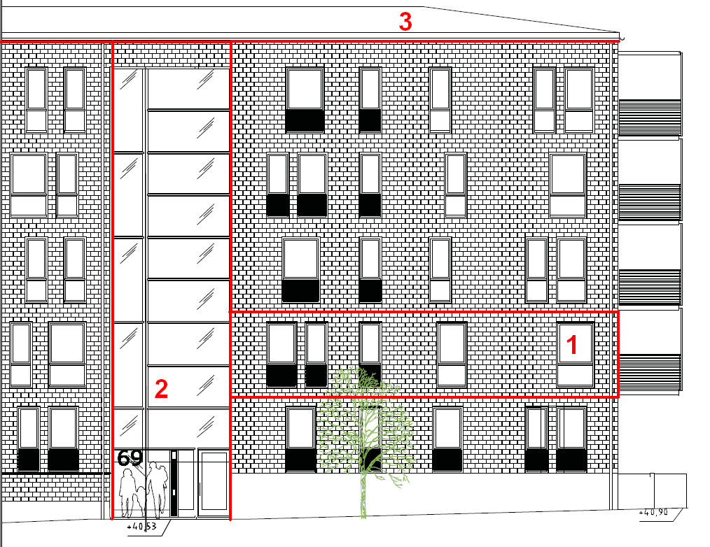 Figur 7.3: Planritningen visar ett exempel på brandcellsindelning av lägenhet (1) och trapphus (2).