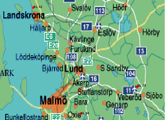 Figur 3 De undersökta dammarna i västra och nordvästra Skåne.