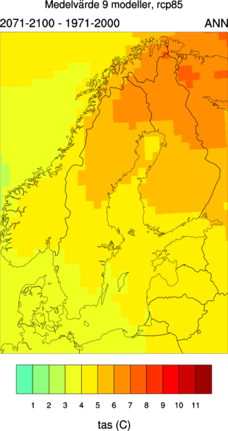 5) olika regionala klimatscenarier där den regionala modellen RCA4 drivits av olika globala klimatmodeller 34.