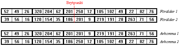 tillbaka till en binärsträng, vilket var en tidsödande process. För att undvika onödigt långa körningstider bestämdes det att hela individen skulle representeras av en lista av integers. 4.6.