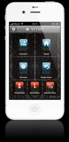 Sammanfattning I Vitec App har du åtkomst till följande funktioner: Se kontaktdata (begränsat) Ringa och Sms:a kontakter