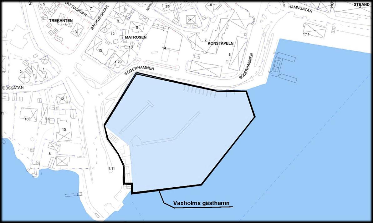 3 av 8 Anläggning Nyttjanderättsområdet framgår av kartbild 2, nedan markerat med svart begränsningslinje och ljusblå färg. Området utgörs av 780 m2 mark och cirka 14 000 m2 vatten.