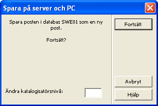 När posten är färdigkatalogiserad ska den sparas på servern. Klicka på ikonen eller välj Katalogisering / Spara på server och på PC i huvudmenyn eller tryck Ctrl+L.