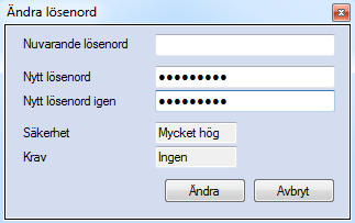 Figur 25. Lösenordet för varje användare kan ändras via klienten Om användaren inte har något lösenord lämnas fältet Nuvarande lösenord tomt.