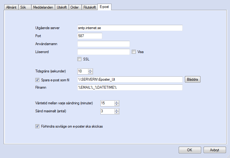 Figur 27. Under inställningar för E-post finns möjligheten att spara kopia av alla e-poster som filer och att ange frekvensen av utgående e-poster.