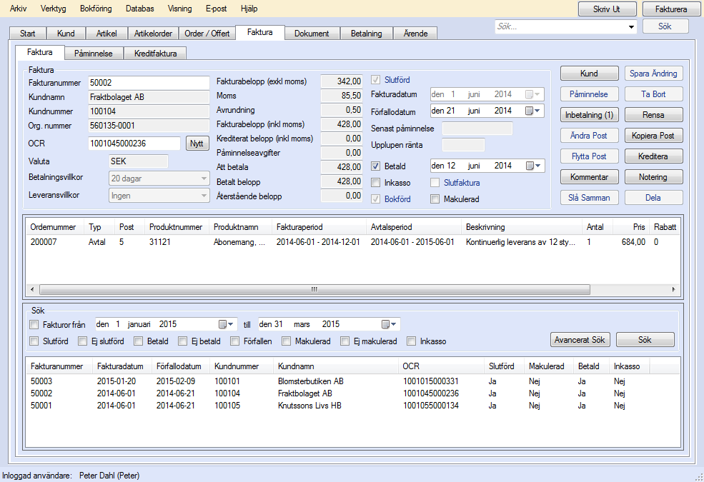 Figur 38. Skapade fakturor kan sökas fram under fliken "Faktura" Längst upp till vänster finns information om fakturan och kunden, såsom fakturanummer, kundnamn, eventuellt OCR-nummer osv.