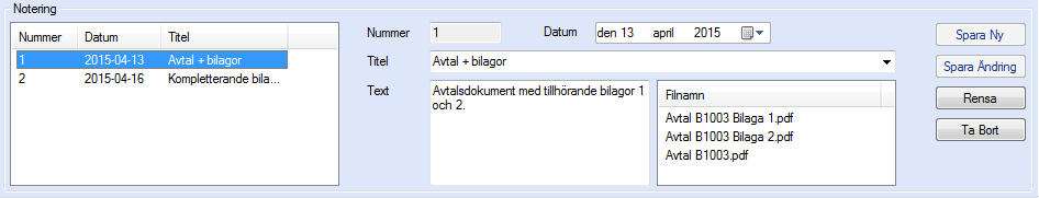 3 Drag filen från filhanteraren till listan med filer. Filen läggs då till enligt inställningarna för databasen. Öppna en fil till en notering: Se till att en notering med minst en fil är vald, t.ex.